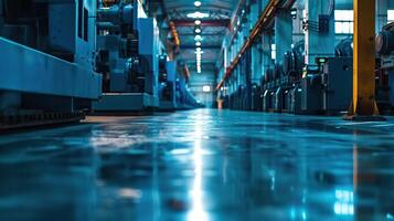 Empty factory floor with idle machinery during a shutdown from front view Silent blue steel machines waiting for operation photo