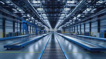 Cinematic view of a contemporary industrial factory with blue steel machinery and automated conveyor systems for manufacturing photo