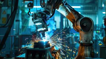 Highspeed robotic welders at work in side view Robots welding metal components, reflecting precision in robotic tone with a colored pastel scheme photo