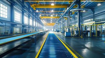 Modern industrial factory interior featuring automated machinery and conveyor belts for streamlined manufacturing and transportation photo