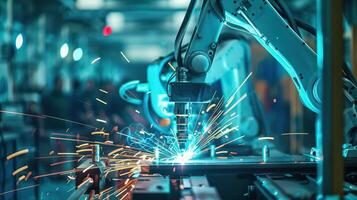 Highspeed robotic welders at work in side view Robots welding metal components, reflecting precision in robotic tone with a colored pastel scheme photo