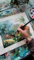 a person is holding watercolors and painting photo