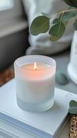 scented candle is in a white frosted glass jar photo