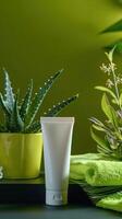 a tube of cream with stands on a black table next to it lies a bright green towel and aloe in a pot and witch hazel flowers, a bright green background photo