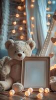 a wood Frame with a white inside standing in a valentine decorated scene, with fairy lights and a big teddy bear sitting next to the frame photo