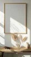 A wooden frame with a blank on a wall, professional, light theme , frame mockups photo