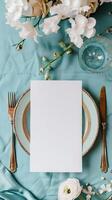 A5 white card, party table blue positano mockup, flat lay, front view photo