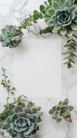 aéreo fotografía flatlay estilo con blanco Arte papel, encima limpiar mármol blanco mesa parte superior y Fresco flores metido alrededor el mostrar, foto