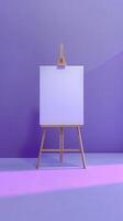 An easel with a white canvas on a stretcher stands in a clean purple blue room photo