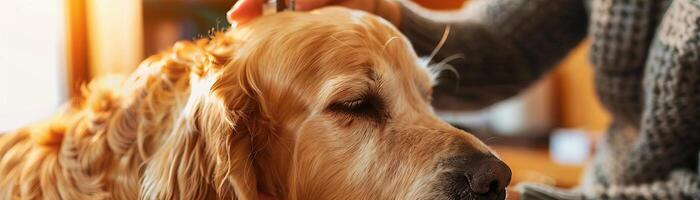 A large Golden Retriever being groomed photo