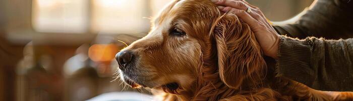 A large Golden Retriever being groomed photo