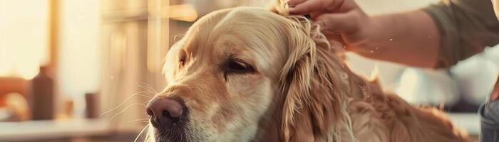 A large Golden Retriever being groomed photo