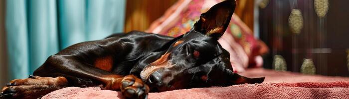 a high quality photograph of a very relaxed Doberman being pampered at a dog spa photo