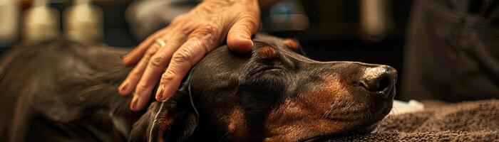 a high quality photograph of a very relaxed Doberman being pampered at a dog spa photo