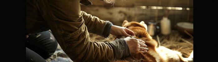 a stock photo of woman applying ointment treatment on a dogs back Natural features Shot with a macro lens, captured using a Canon EOS R5, using a Sigma 50mm f14 lens