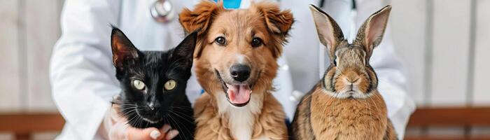 un perro, un gato y un Conejo son consiguiendo vacunado por un veterinario el Mira contento desempaquetar, foto