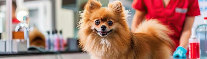 brillante y animado comercial foto de un perro de Pomerania pomeranio siendo arreglado en un mascota salón, exhibiendo el peluqueros habilidad y el salones acogedor atmósfera