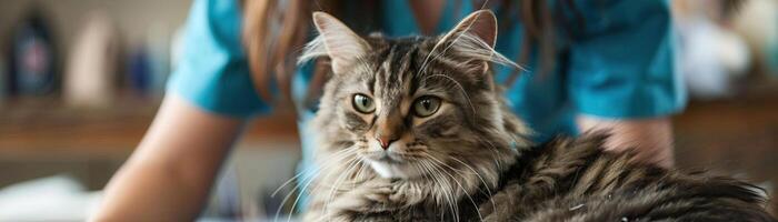 Calm and serene cat grooming scene in a pet salon, showcasing a relaxed cat and a caring groomer in a modern, professional setting photo