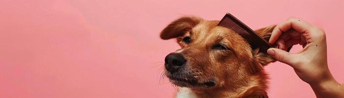 Closeup of a dog getting a haircut at a Pet Spa Grooming Salon, with a groomer combing its hair against a pink background, capturing the grooming process photo