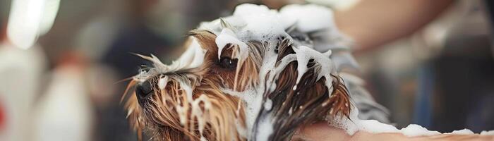 Close up washing a York shires coat with soap at a dog groomers photo