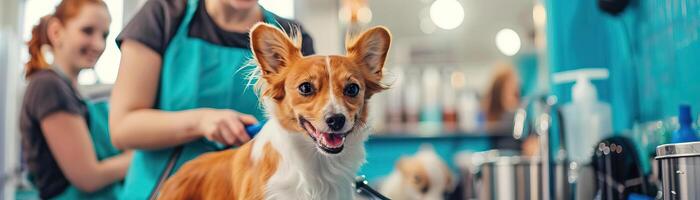 Cheerful and lively editorial image of a pet grooming session, showcasing happy pets and enthusiastic groomers in a clean, welcoming environment photo