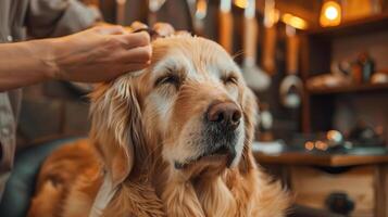 A large Golden Retriever being groomed photo