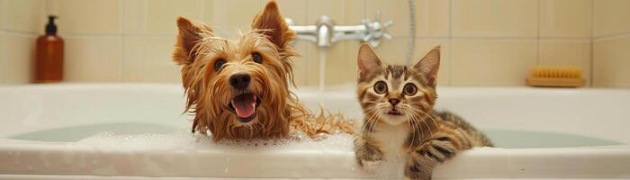 Cheerful dog and cat sharing a bathtub, with bubbles and playful expressions, set in a welllit bathroom for a delightful and charming scene photo