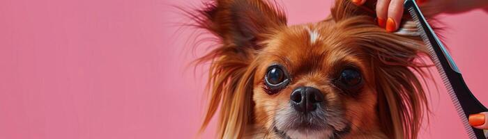 Closeup of a dog getting a haircut at a Pet Spa Grooming Salon, with a groomer combing its hair against a pink background, capturing the grooming process photo