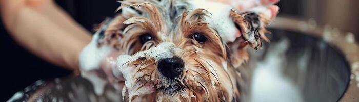 Close up washing a York shires coat with soap at a dog groomers photo