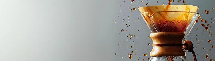 coffee drip brewer in action, the coffee stream shining against a stark white background, broad space on the left for promotional text. photo