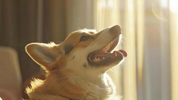 corgi dog being groomed bright natural lighting photo