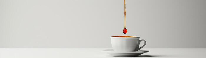 A minimalist, high-key setup of a coffee drip over a white porcelain cup, the coffee stream captured mid-drip, set against a crisp, white background, broad empty space on the right photo