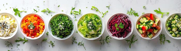 salad tasting event, multiple small bowls of different salads aligned on a long table, the colors vibrant against a stark white background photo