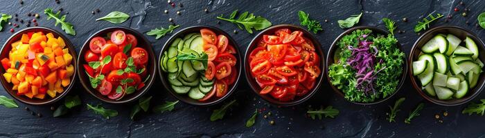 A minimalist composition featuring a series of modern bowls, each containing a different type of salad, arranged neatly on a dark slate background, panoramic space above for copy. photo