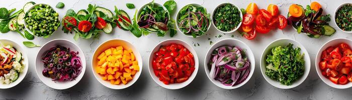 salad tasting event, multiple small bowls of different salads aligned on a long table, the colors vibrant against a stark white background photo