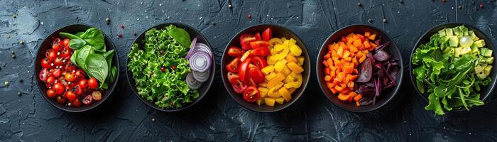 A minimalist composition featuring a series of modern bowls, each containing a different type of salad, arranged neatly on a dark slate background, panoramic space above for copy. photo