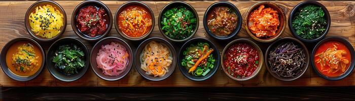 A minimalist composition featuring a collection of small bowls, each containing a different variety of kimchi, arranged in a neat row on a rustic wooden board, panoramic space abov photo