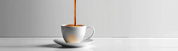 A minimalist, high-key setup of a coffee drip over a white porcelain cup, the coffee stream captured mid-drip, set against a crisp, white background, broad empty space on the right photo