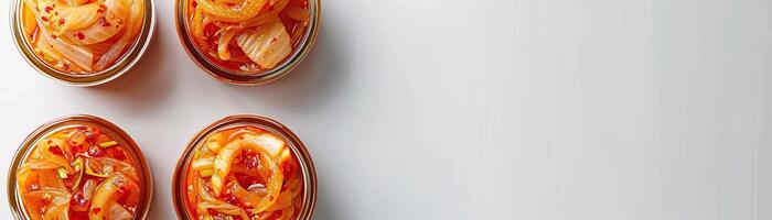 A minimalist, high-key setup with a series of kimchi samples in small clear jars, set against a crisp, white background, broad empty space on the right for promotional text. photo