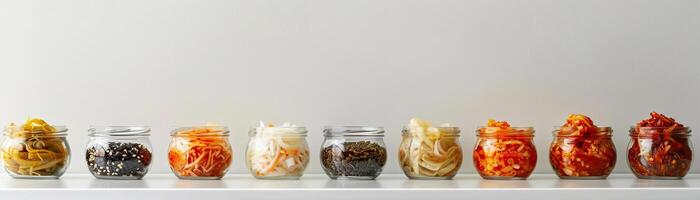 A minimalist, high-key setup with a series of kimchi samples in small clear jars, set against a crisp, white background, broad empty space on the right for promotional text. photo