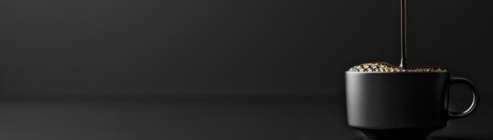 A monochromatic theme with coffee dripping into an elegant black cup, the drips highlighted against a matte black background, broad space on the left for minimalist text. photo