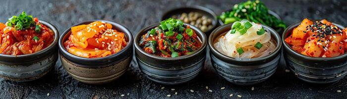 A minimalist shot focusing on the simplicity and allure of assorted kimchi in traditional Korean bowls, set against a soft, light background, ample panoramic space for advertising photo