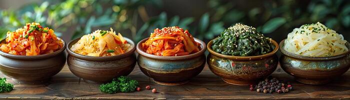 A minimalist shot focusing on the simplicity and allure of assorted kimchi in traditional Korean bowls, set against a soft, light background, ample panoramic space for advertising photo