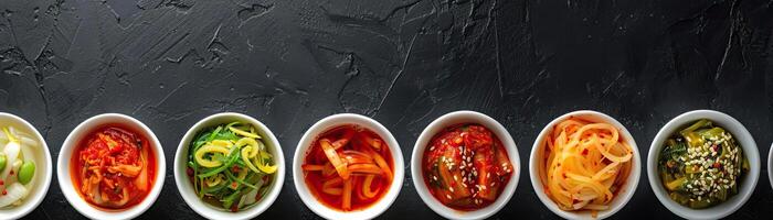 A monochromatic theme with several types of kimchi displayed in white bowls, the bright colors of the kimchi contrasted against a matte black background, broad space on the left fo photo