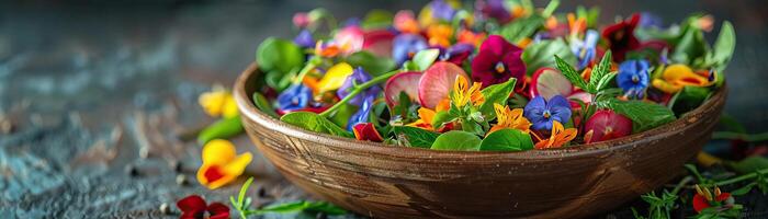 A soft-focus image showcasing a spread of gourmet salads with edible flowers and fresh herbs, set against a warm, earth-toned tabletop, wide negative space for copy on one side. photo