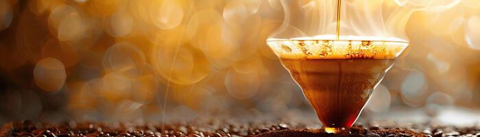 A soft-focus image of coffee dripping from a traditional pour-over brewer, warm steam rising, set against a warm earth-toned backdrop, wide negative space for copy on one side. photo