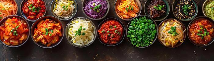 A soft-focus image of a vibrant spread of kimchi varieties, each bowl garnished with green onions, set against a warm earth-toned backdrop, wide negative space for copy on one side photo