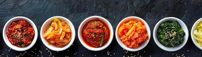 A monochromatic theme with several types of kimchi displayed in white bowls, the bright colors of the kimchi contrasted against a matte black background, broad space on the left fo photo