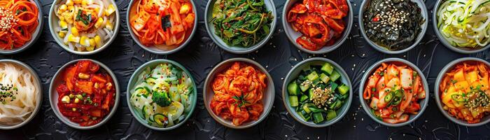 A vibrant, detailed shot of a colorful array of kimchi, emphasizing the variety and beauty of Korean cuisine, set against a clean, neutral backdrop, extensive space on the right fo photo