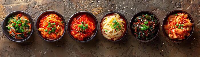 A soft-focus image of a vibrant spread of kimchi varieties, each bowl garnished with green onions, set against a warm earth-toned backdrop, wide negative space for copy on one side photo